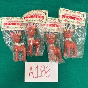 Vintage Red flocked Christmas Reindeer Decorations